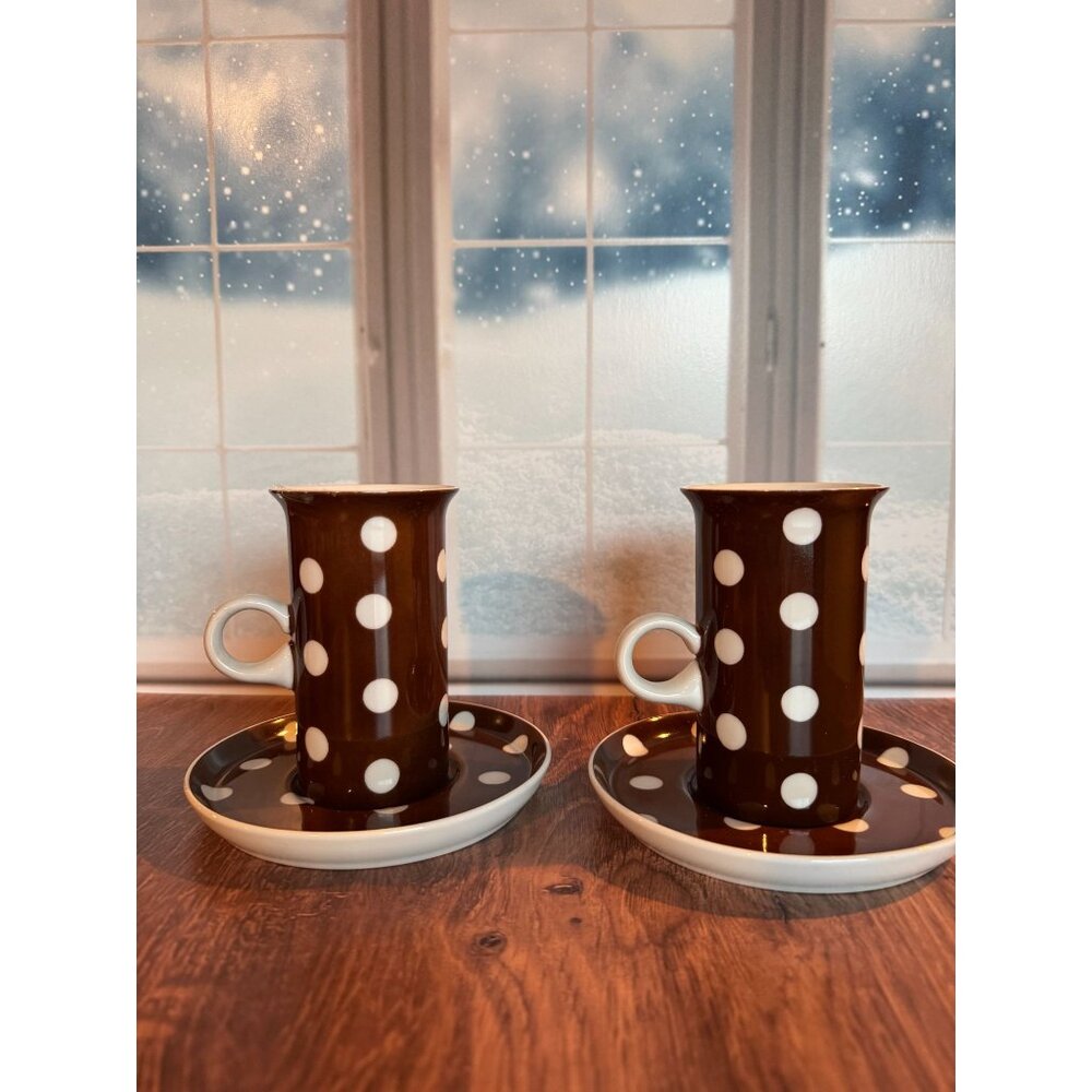 Set of 2 Fitz & Floyd Brown & White Polka Dot Espresso Cups and Saucers‎